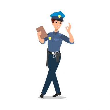Polis karakter kümesi. Tam uzunlukta memur, farklı görünümler, duygular, jestleri, profesyonel araçlar ve öznitelikleri. Düz illüstrasyon karikatür. Beyaz arka plan üzerinde izole.