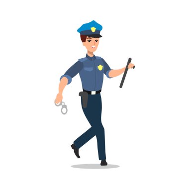 Polis karakter kümesi. Tam uzunlukta memur, farklı görünümler, duygular, jestleri, profesyonel araçlar ve öznitelikleri. Düz illüstrasyon karikatür. Beyaz arka plan üzerinde izole.