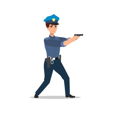 Polis karakter kümesi. Tam uzunlukta memur, farklı görünümler, duygular, jestleri, profesyonel araçlar ve öznitelikleri. Düz illüstrasyon karikatür. Beyaz arka plan üzerinde izole.