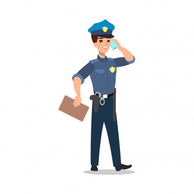 Polis karakter kümesi. Tam uzunlukta memur, farklı görünümler, duygular, jestleri, profesyonel araçlar ve öznitelikleri. Düz illüstrasyon karikatür. Beyaz arka plan üzerinde izole.
