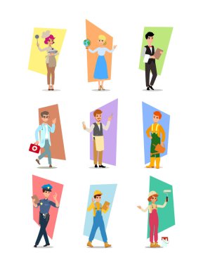 İnsanlar farklı meslek, kariyer karakter tasarımı, İşçi Bayramı, karikatür düz-stil vektör çizim kümesi. Beyaz arka plan üzerinde izole vektör düz tasarım çizimler kümesi.