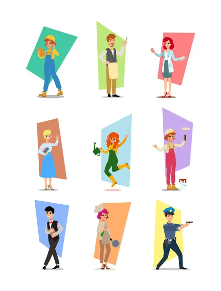 Conjunto de personas de diferentes profesiones, diseño de personajes de carrera, Día del Trabajo, ilustración vectorial de estilo plano de dibujos animados. Conjunto de ilustraciones de diseño plano vectorial aisladas sobre fondo blanco . — Vector de stock