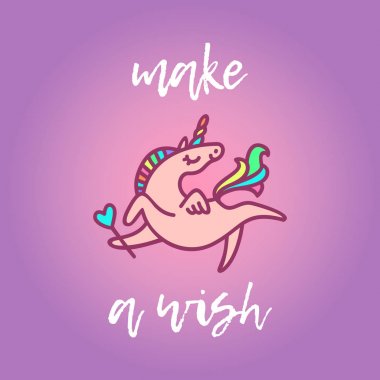 Pinky unicorn kalp ile. Tırnak dilek tut. Şirin kart arka plan. Vektör çizim.