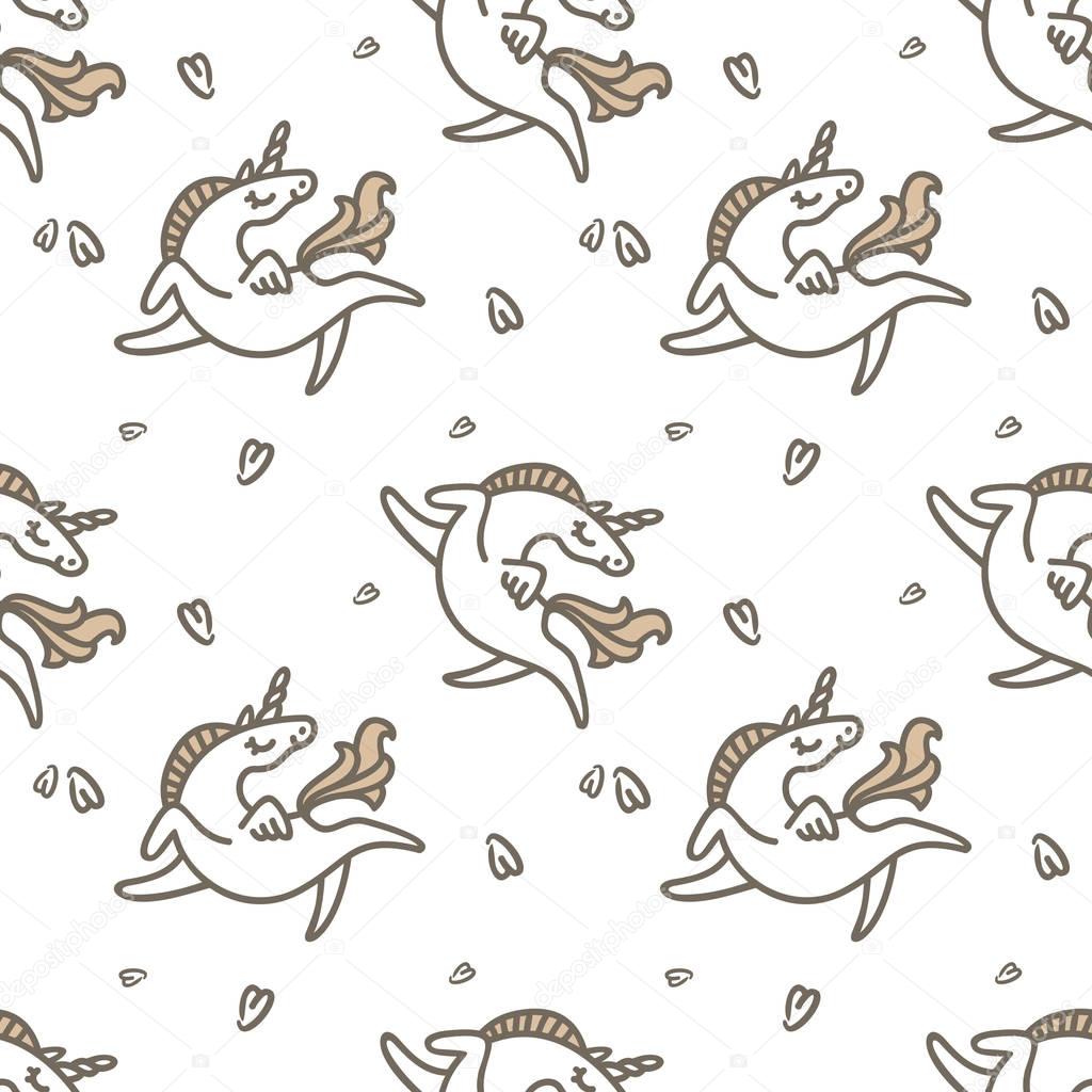Cute illustration for childrens textile. Seamless pattern. Soft colors. White unicorns.