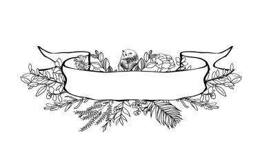 çiçek şerit afiş. Çizilmiş vektör Vintage çiçek afiş ver. Mürekkep illüstrasyon kroki. Afiş ile yapraklar, çiçekler ve kuşlar.