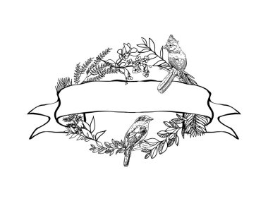 çiçek şerit afiş. Çizilmiş vektör Vintage çiçek afiş ver. Mürekkep illüstrasyon kroki. Afiş ile yapraklar, çiçekler ve kuşlar.