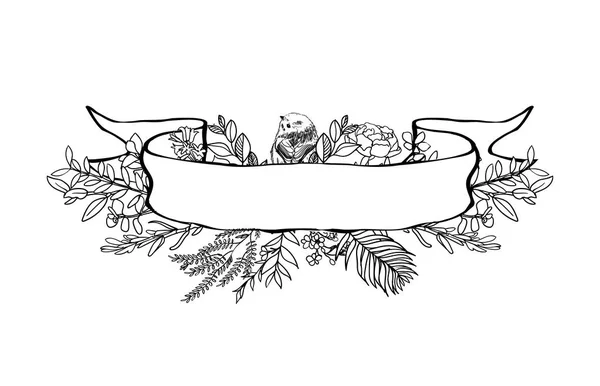 꽃 리본 배너입니다. 손이 그린된 벡터 빈티지 꽃 배너. 잉크 그림을 스케치 합니다. 배너와 잎, 꽃과 새 들. — 스톡 벡터