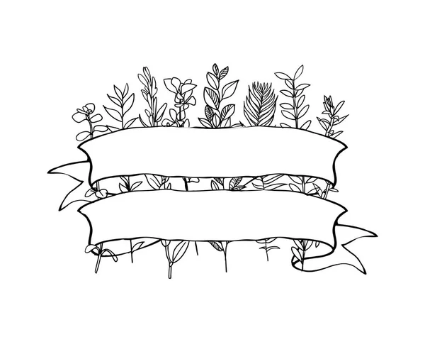 Blumenband-Banner. handgezeichnete Vektor Vintage Blumenbanner. Tintenillustration skizzieren. Banner mit Blättern, Blumen und Vögeln. — Stockvektor