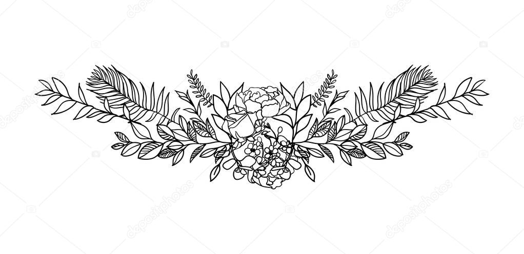 Set of floral ribbon banner. Hand drawn vector Vintage floral banners. Sketch ink illustration. Banner with leaves, flowers and birds.