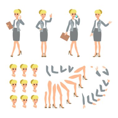 İşkadını karakter animasyon. Genç Bayan şahsiyet Oluşturucu. Başka kadın duruşlar, yüz, bacaklar, eller. Vektör karikatür kişi.