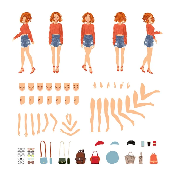 Personnage animé. Jeune femme personnage constructeur. Différentes postures de femme, visage, jambes, mains, collection d'accessoires. Dessin animé vectoriel. Fille aux cheveux gris dans une jupe rouge à carreaux . — Image vectorielle