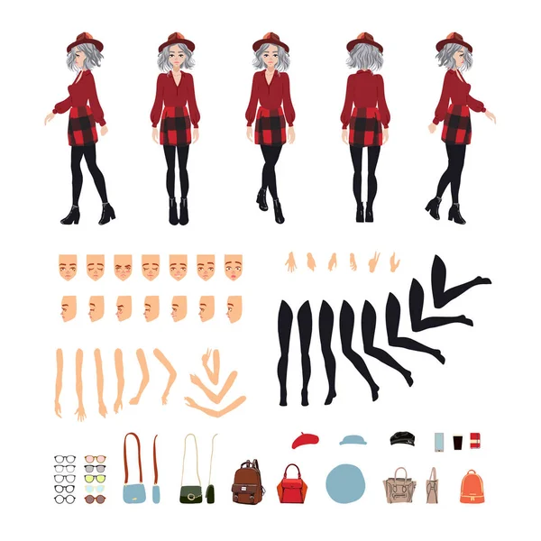 Personnage animé. Jeune femme personnage constructeur. Différentes postures de femme, visage, jambes, mains, collection d'accessoires. Dessin animé vectoriel. Fille aux cheveux gris dans une jupe rouge à carreaux . — Image vectorielle