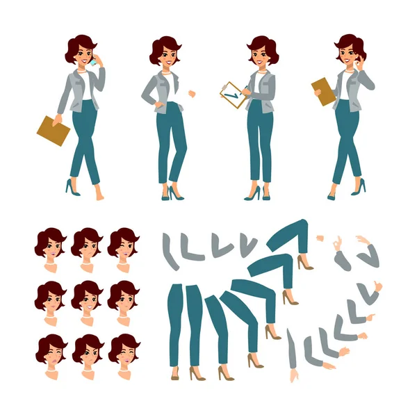 Animar personagem de mulher de negócios. Jovem construtora de personagens. Posturas diferentes da mulher, cara, pernas, mãos. Vector pessoa dos desenhos animados . — Vetor de Stock