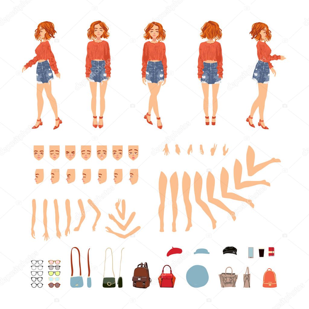 Animate character. Young lady personage constructor. Different woman postures, face, legs, hands, accessories collection. Vector cartoon person. Girl with gray hair in a plaid red skirt.
