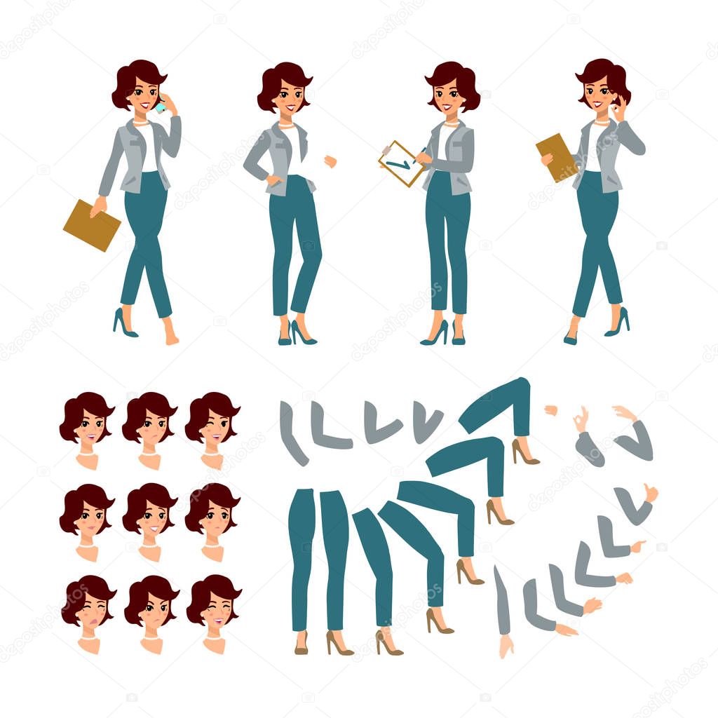 Animate businesswoman character. Young lady personage constructor. Different woman postures, face, legs, hands. Vector cartoon person.