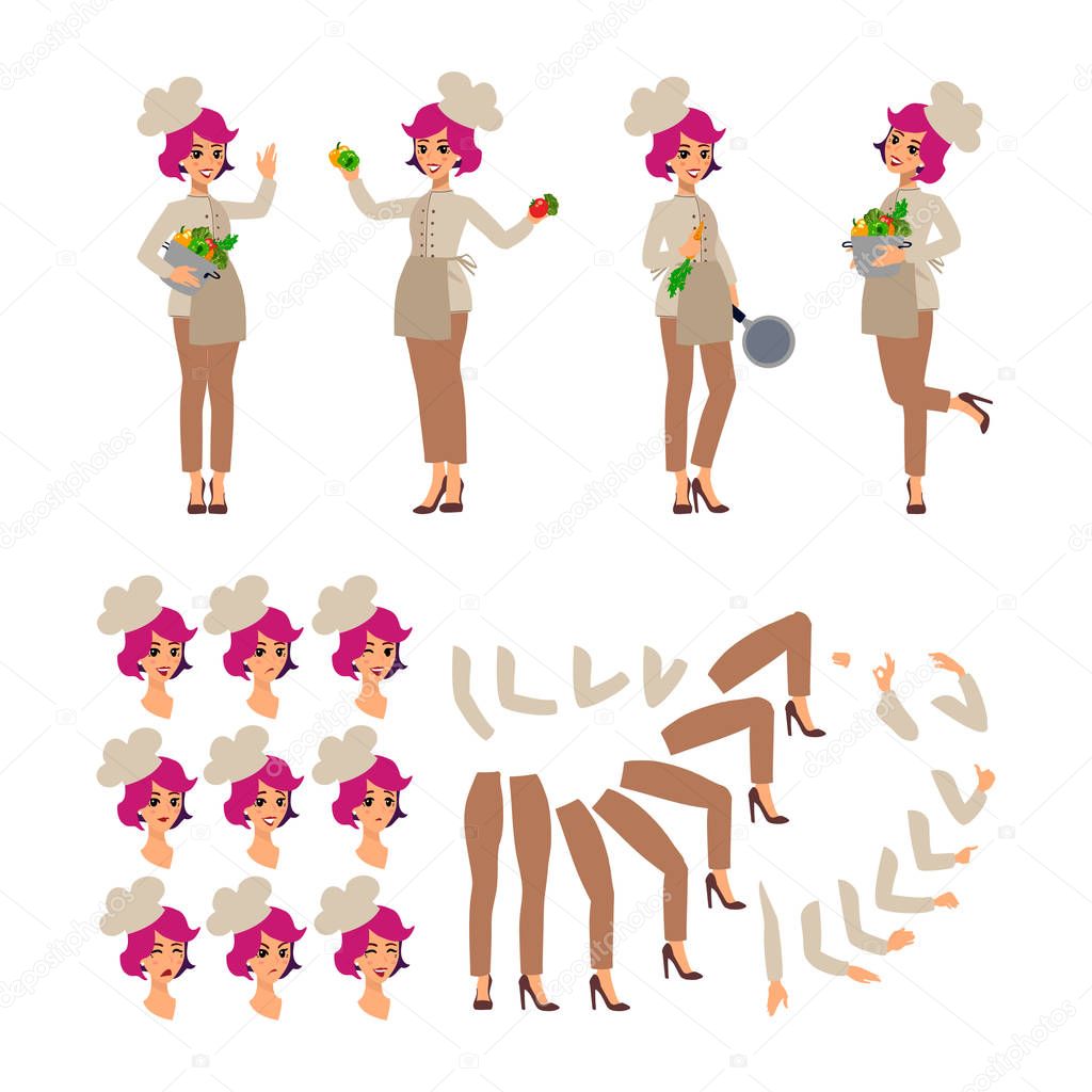 Animated cartoon character. Cook female personage constructor. Fun cartoon person. Isolated on white background. Different woman postures, face, legs, hands.