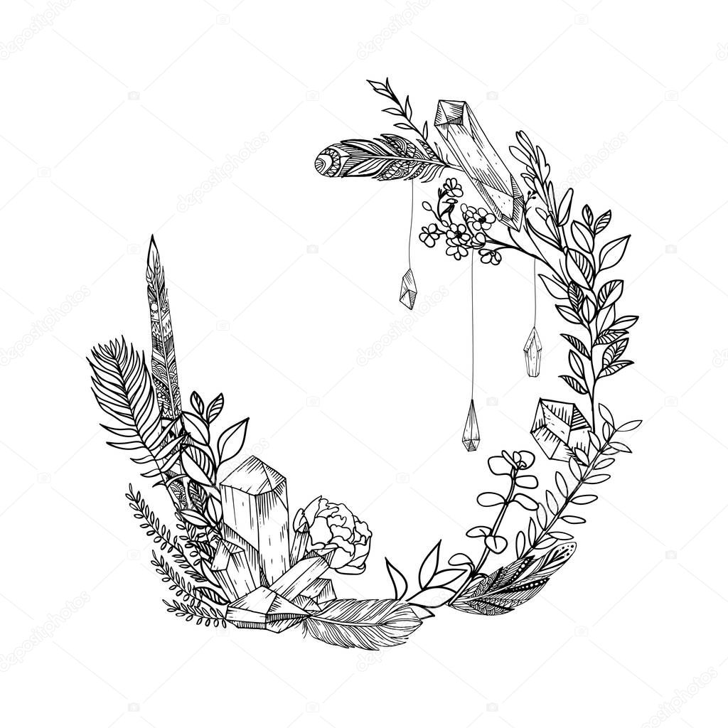 Hand drawn vector floral frame with leaves, flowers, feathers and gems. Sketch style. Borders. Ink illustration frame. Linear art.
