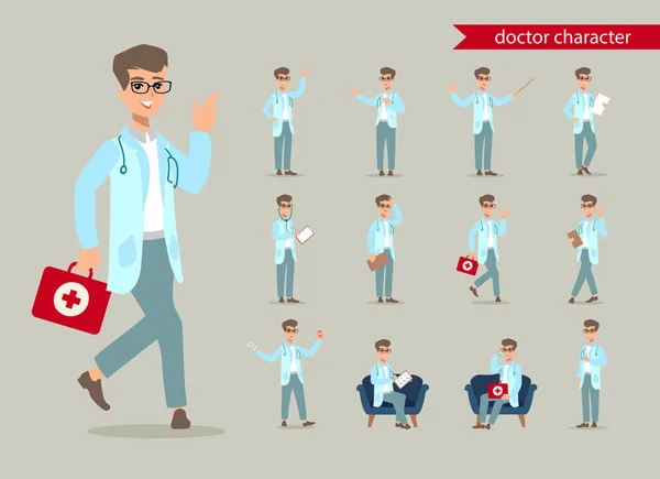 Atractivo doctor. Divertido diseño de personajes. Dibujos animados ilustración. Creador del concepto de salud. personaje médico masculino . — Archivo Imágenes Vectoriales