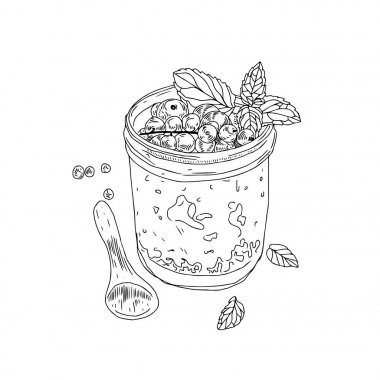 Vektör sağlıklı yaşam konsepti. Sağlıklı kahvaltı gevrek gevrek kase, kaşık ile çizilmiş kroki çizim ver. Beyaz arka plan üzerinde izole.