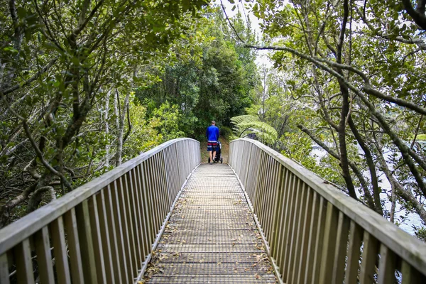 Junger Mann im blauen Hemd mit Kinderwagen überquert Brücke — Stockfoto
