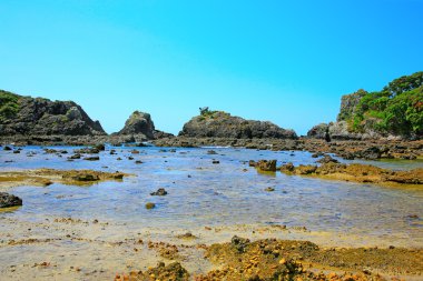 Kayalık sahil şeridi, Russell Long Beach, Bay Adaları. Yeni Zelanda