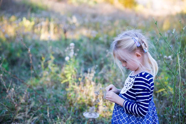 Menina pequena bonito em azul vestido listrado ao ar livre — Fotografia de Stock