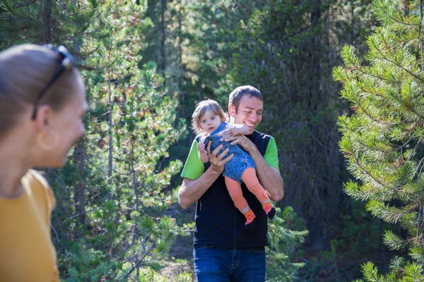 Padre feliz con su hija pequeña en el bosque de montaña —  Fotos de Stock