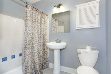 Pastel mavi duvarlar, beyaz beyaz eşya ve kiremit duvar döşeme. Banyo