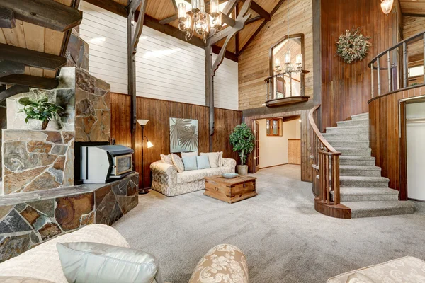 Modern wooden cottage interior with living room close up