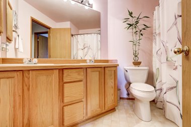 Açık pembe duvarlar ve çift lavabo makyaj ile Banyo iç
