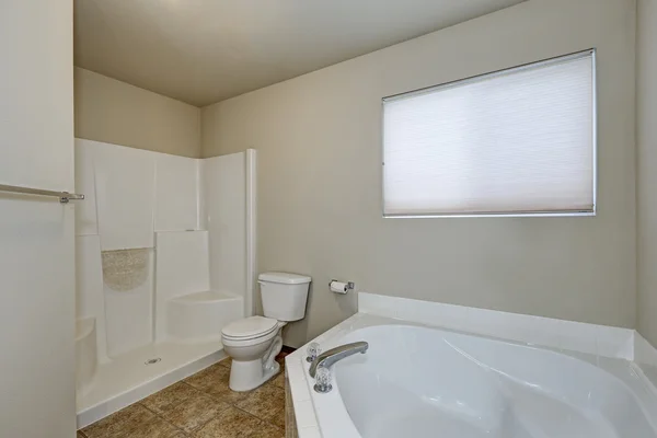 White bathroom interior with corner bathtub and shower . — ストック写真