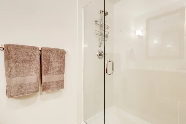 Close up of glass shower cabin in white clean bathroom — Stockfoto