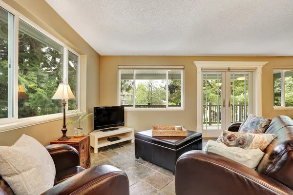 Interiér obývacího pokoje s velkými kožený Taburet — Stock fotografie