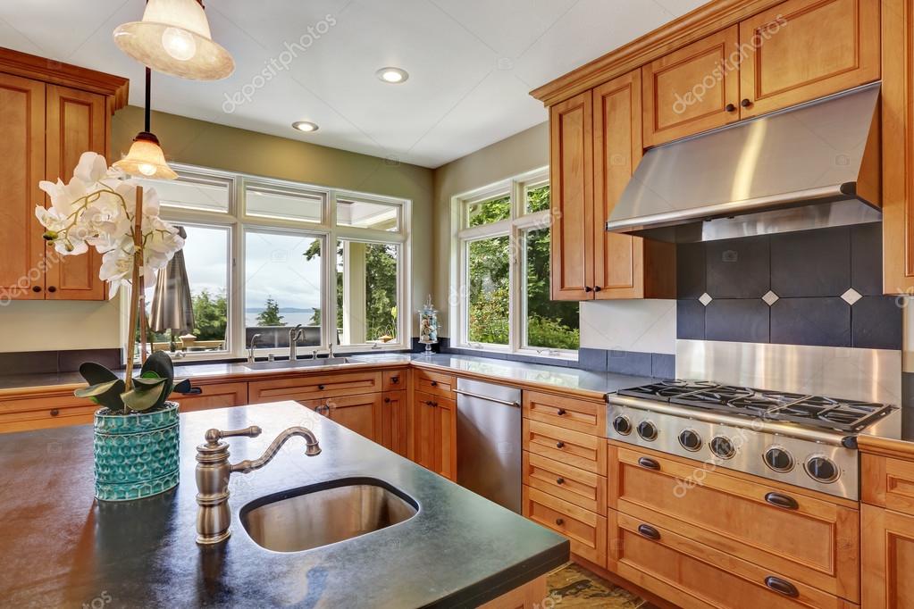 Modern kitchen room interior with new steel appliances — Stock Photo