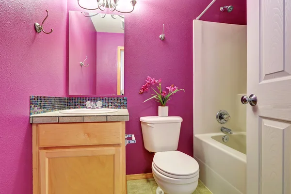 Pequeno interior do banheiro rosa brilhante — Fotografia de Stock