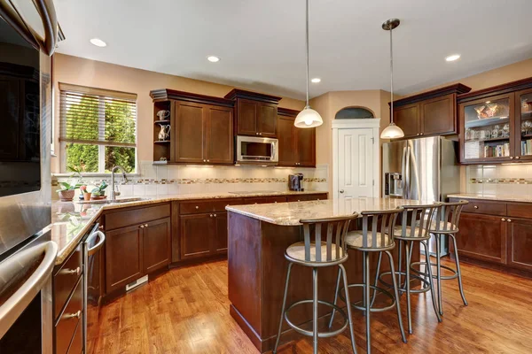 Interior de la sala de cocina bien remodelado con armarios de madera oscura — Foto de Stock