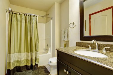 Yeşil ve kahverengi tonlarında temiz banyo iç. 