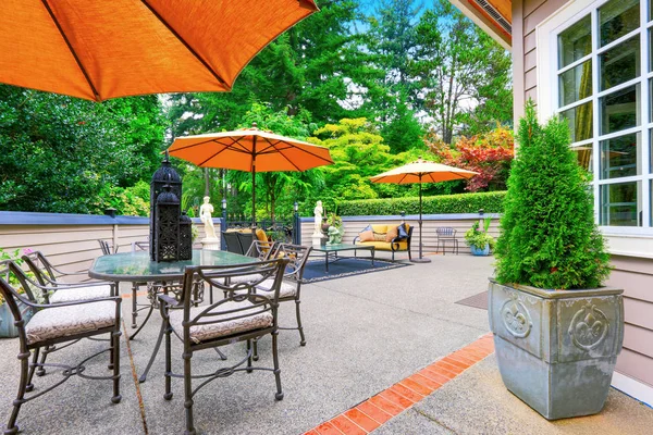 Вид на задний двор роскошного дома с красивыми статуями — стоковое фото