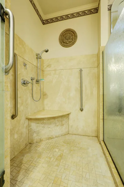 Close up of large walk-in shower with marble tile — Stock Photo, Image