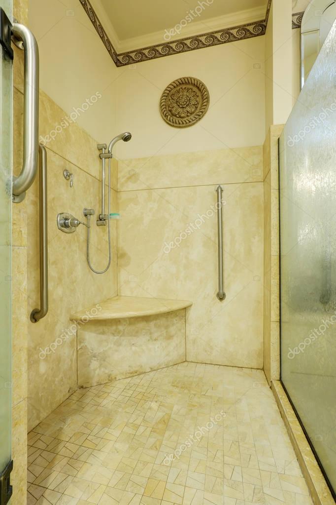 Close Up Of Large Walk In Shower With Marble Tile Stock Photo Image By C Iriana88w 130424546