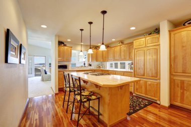 Ahşap mutfak depolama birleştirme, bar tabureleri tarzı mutfak ada.