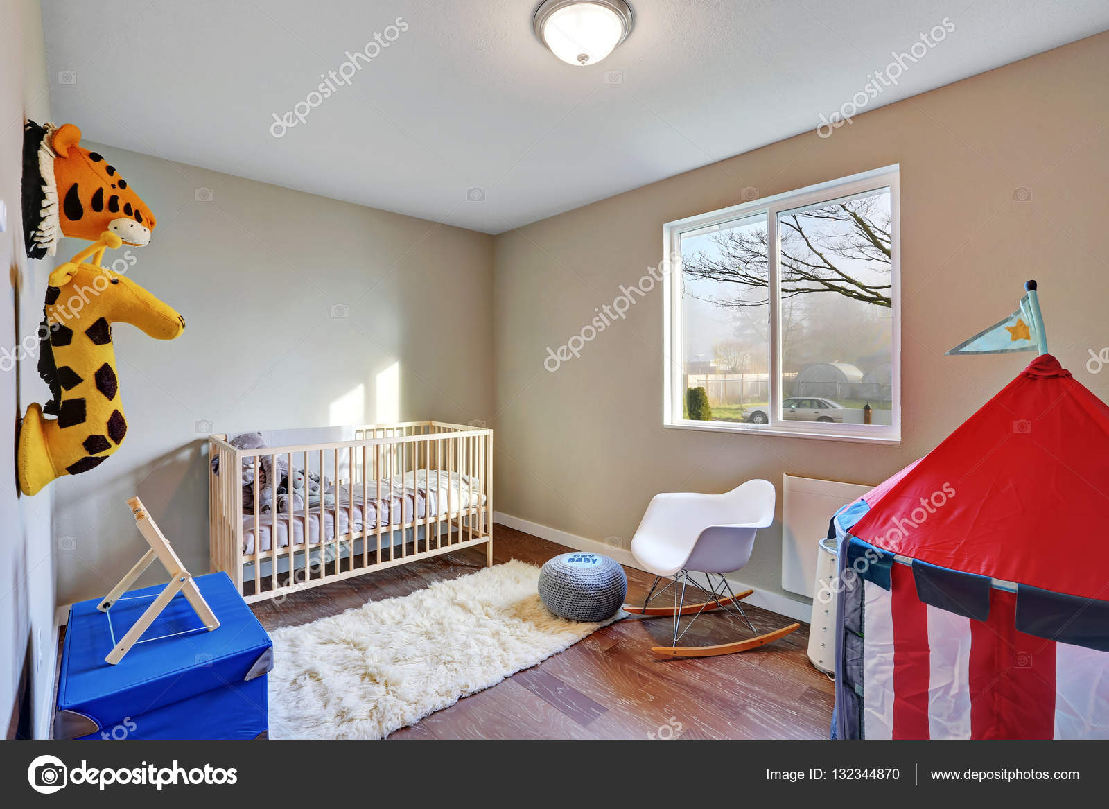 Nursery Room Interior With Dark Hardwood Floor Stock