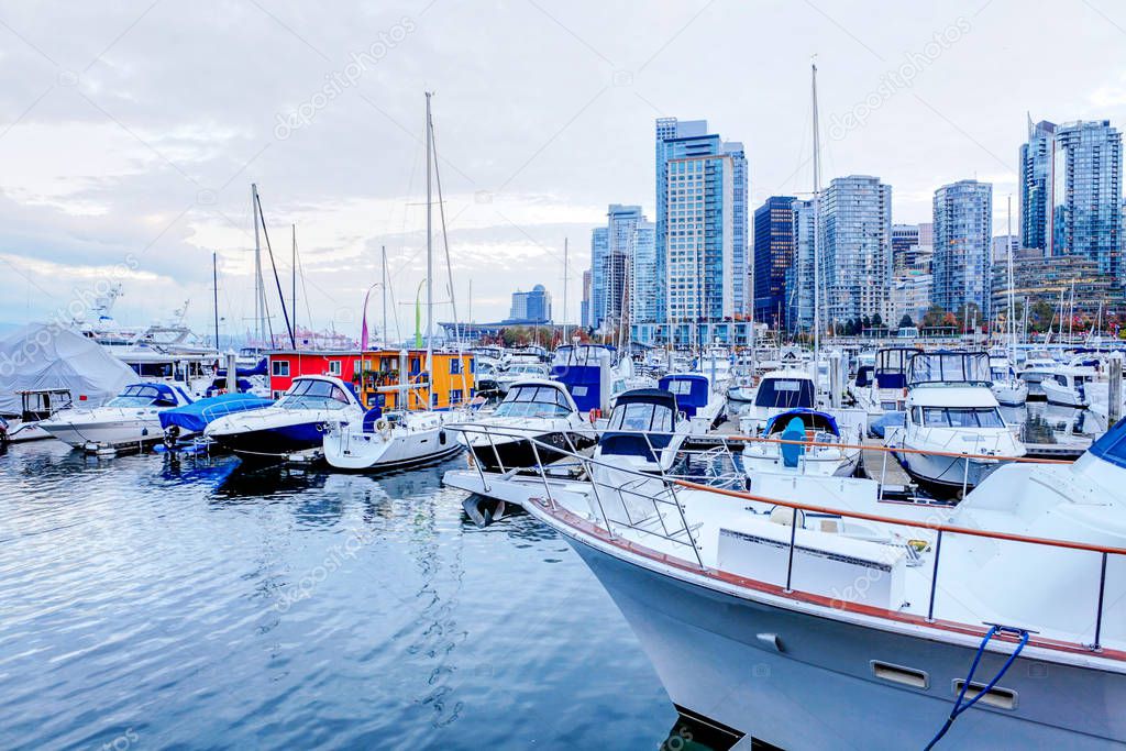 Moored yachts and marina at Coal Harbour in Vancouver, Canada