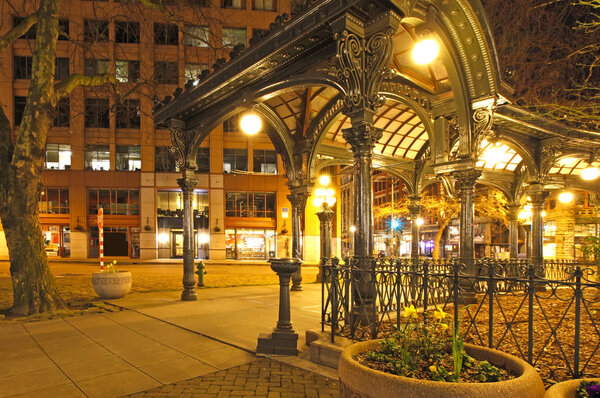 Pioneer square in Seattle at early spring night. Empty street. Royalty Free Stock Images