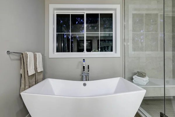 Niesamowite master łazienka z wanną z hydromasażem wolnostojące — Zdjęcie stockowe