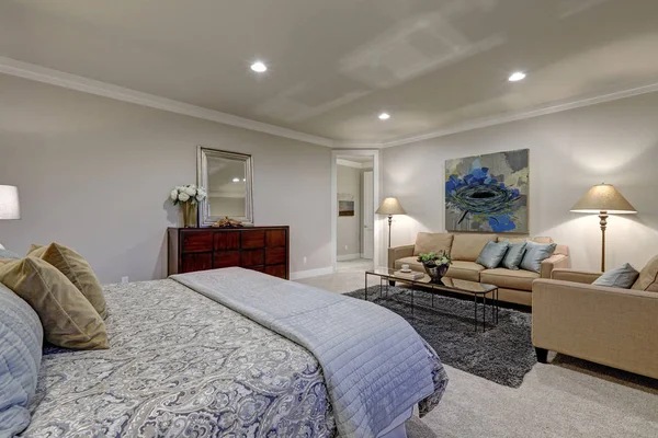 Gris tonos dormitorio interior con cama queen — Foto de Stock