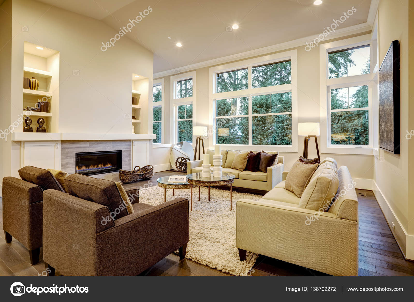 Chic Light Living Room Design With Dark Floors Stock