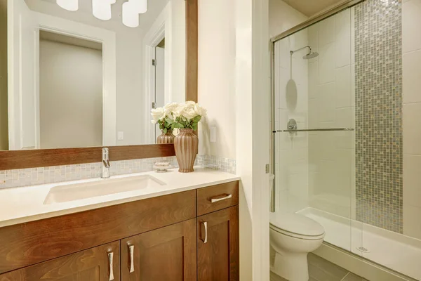 Design de salle de bain blanc et propre dans la maison flambant neuve — Photo