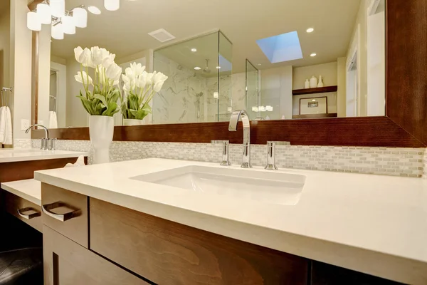 Stunning master bathroom boasts dark brown double sink vanity — Stock Photo, Image