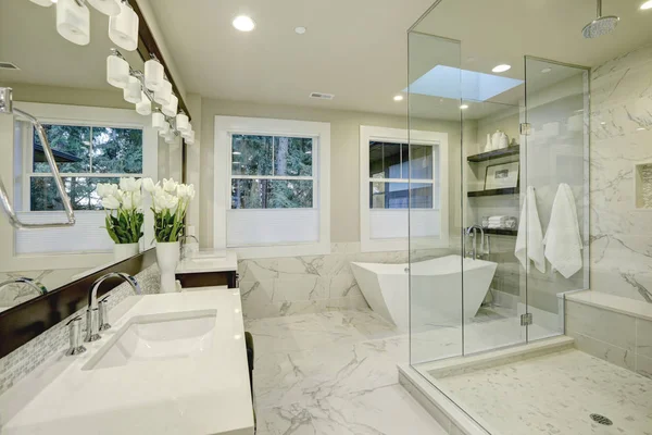 Amazing master bathroom with large glass walk-in shower — Stock Photo, Image